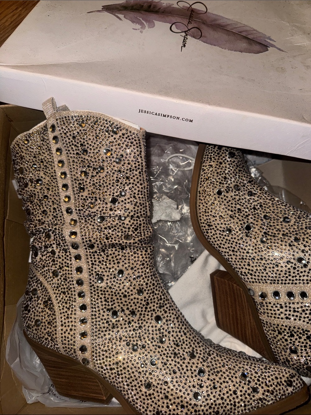 Jessica Simpson Beige Crystal-Embellished Cowboy Booties